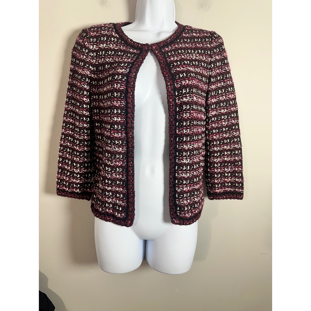 St. John Nordstrom Tweed Knit Open Front Jacket Burgundy Black Multi Size 0